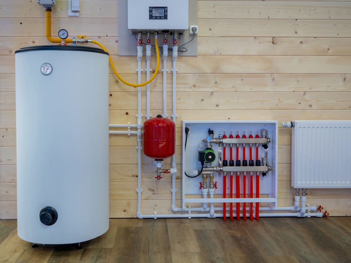 Heating boiler tank. Room with heating equipment. Gas boiler technologies.