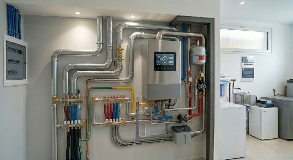 HVAC main unit with pipes and control panel in modern mechanical room