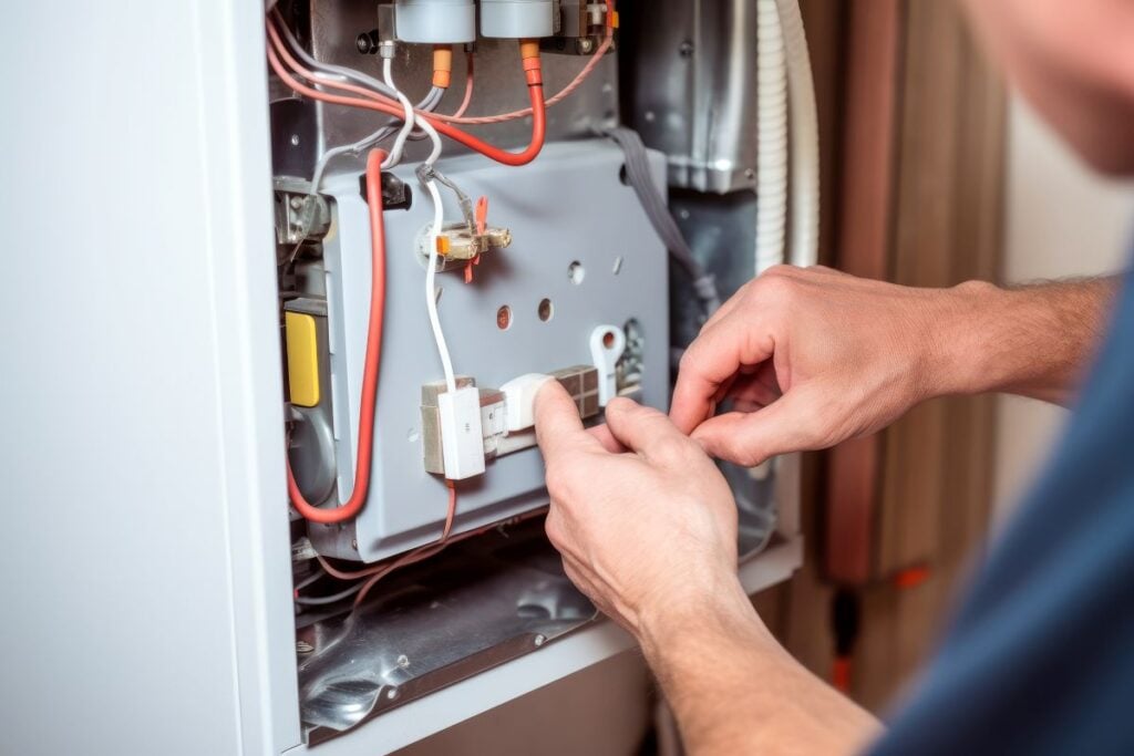 Repairman fixing a broken electric furnace